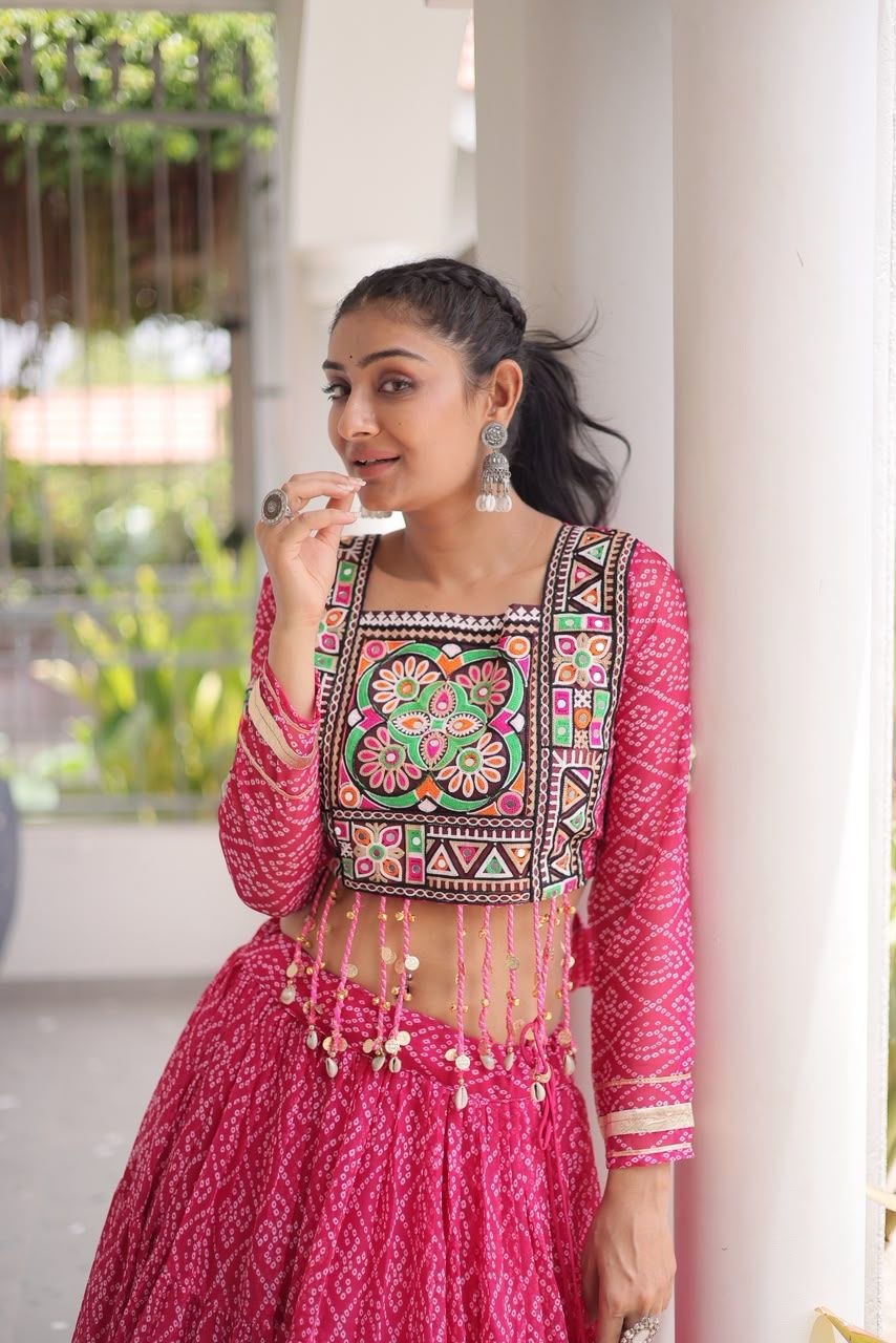 Pure Cotton Kashida and Gamthi Work Navratri Lehenga Choli With Purse